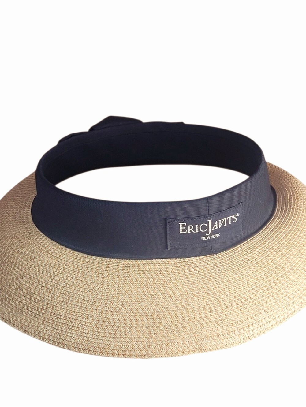 Eric Javits Halo Packable Hat Visor Squishee Straw Black Band Bow Medium Large